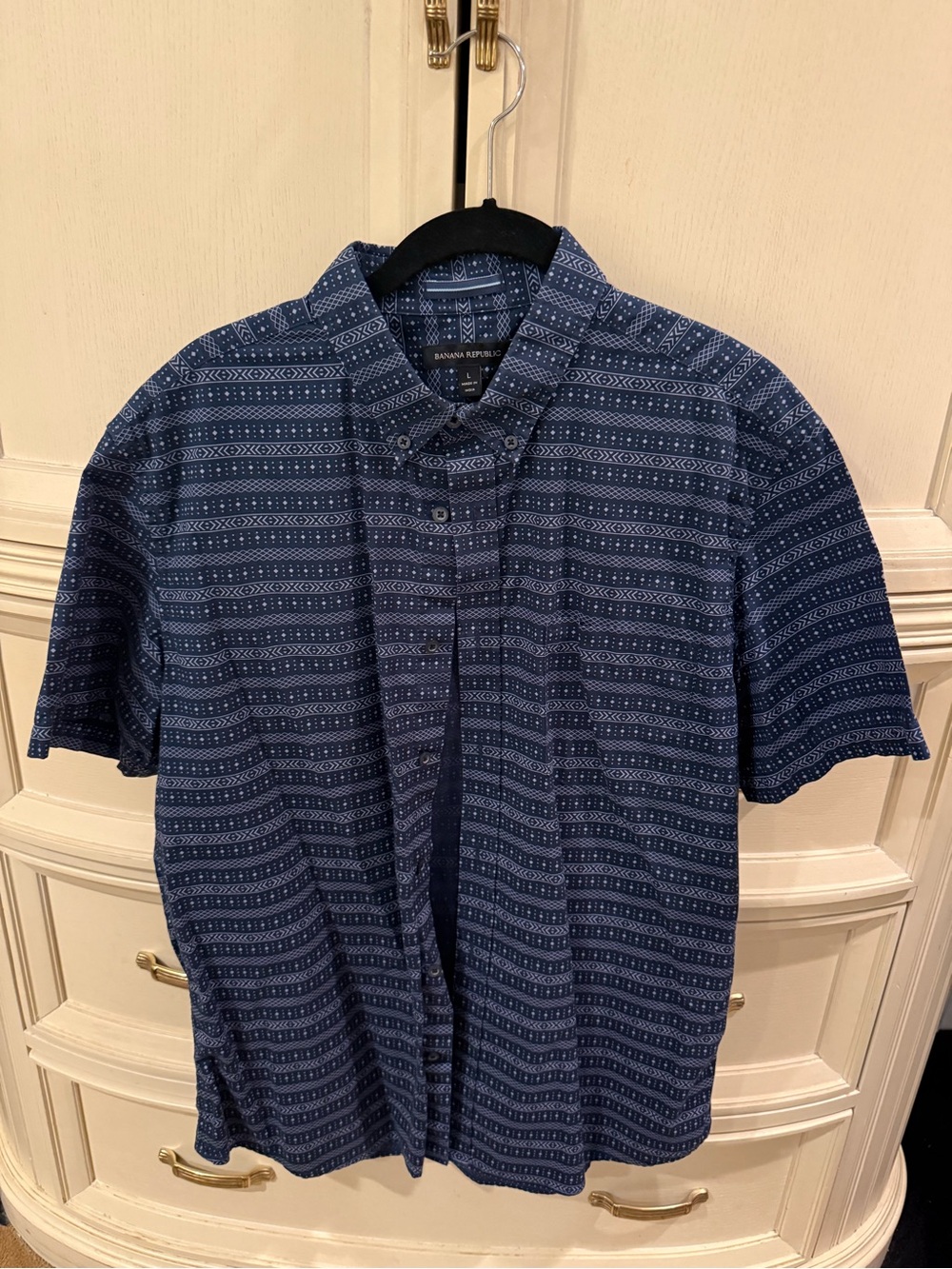 Banana Republic Navy Blue Geometric Short-Sleeve Button-Down Shirt